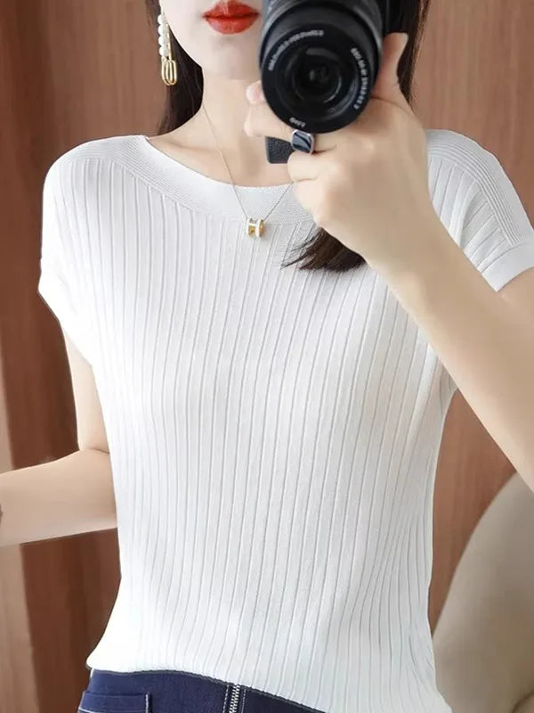 Ice Silk Knitted Top Women Loose Spring Summer New Style Thin Short Sleeve One Shoulder T-Shirt Breathable Comfortable Casual...