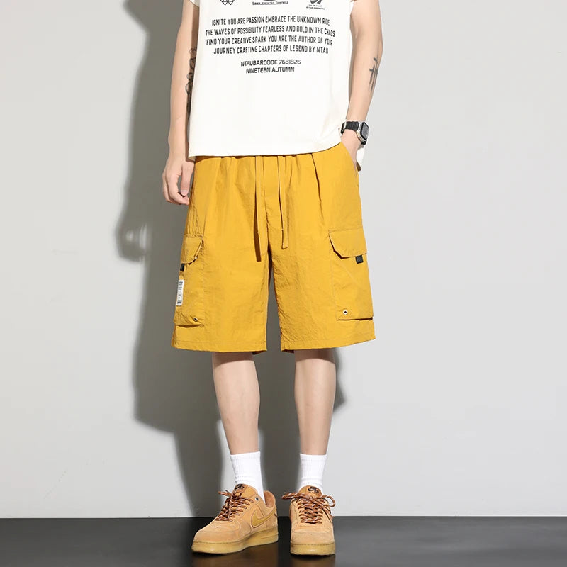Men's High Street Cargo Shorts Lightweight Breathable Solid Color Drawstring Waist Big Pockets Shorts Casual Summer Short Pants