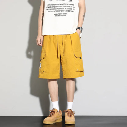 Men's High Street Cargo Shorts Lightweight Breathable Solid Color Drawstring Waist Big Pockets Shorts Casual Summer Short Pants