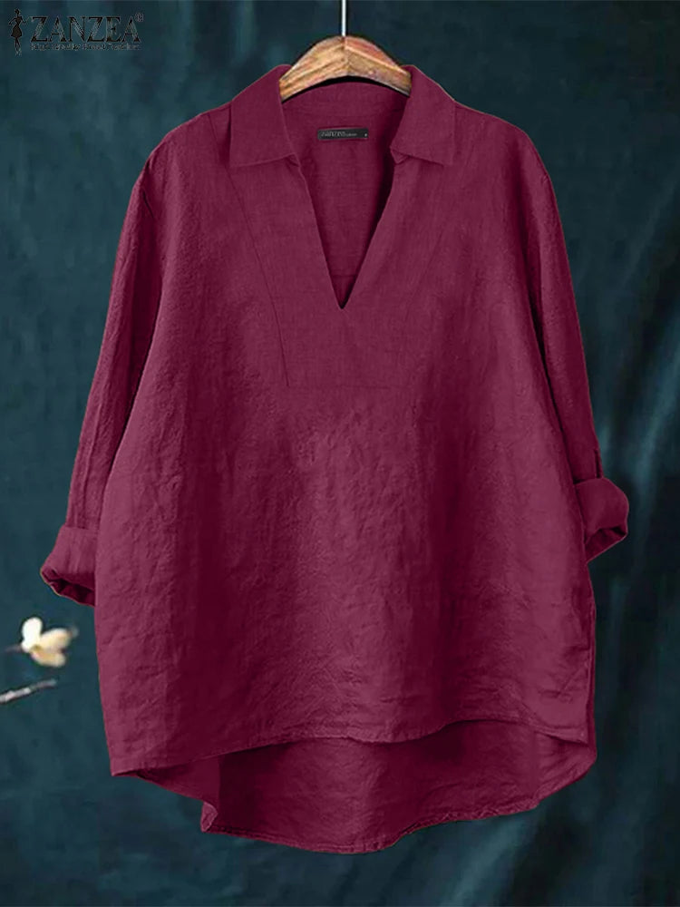 ZANZEA 2025 Autumn Women High-Low Blouses Loose V-Neck Long Sleeve Cotton Linen Fashion Blusas Mujer Everyday Casual Solid Tops