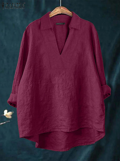 ZANZEA 2025 Autumn Women High-Low Blouses Loose V-Neck Long Sleeve Cotton Linen Fashion Blusas Mujer Everyday Casual Solid Tops