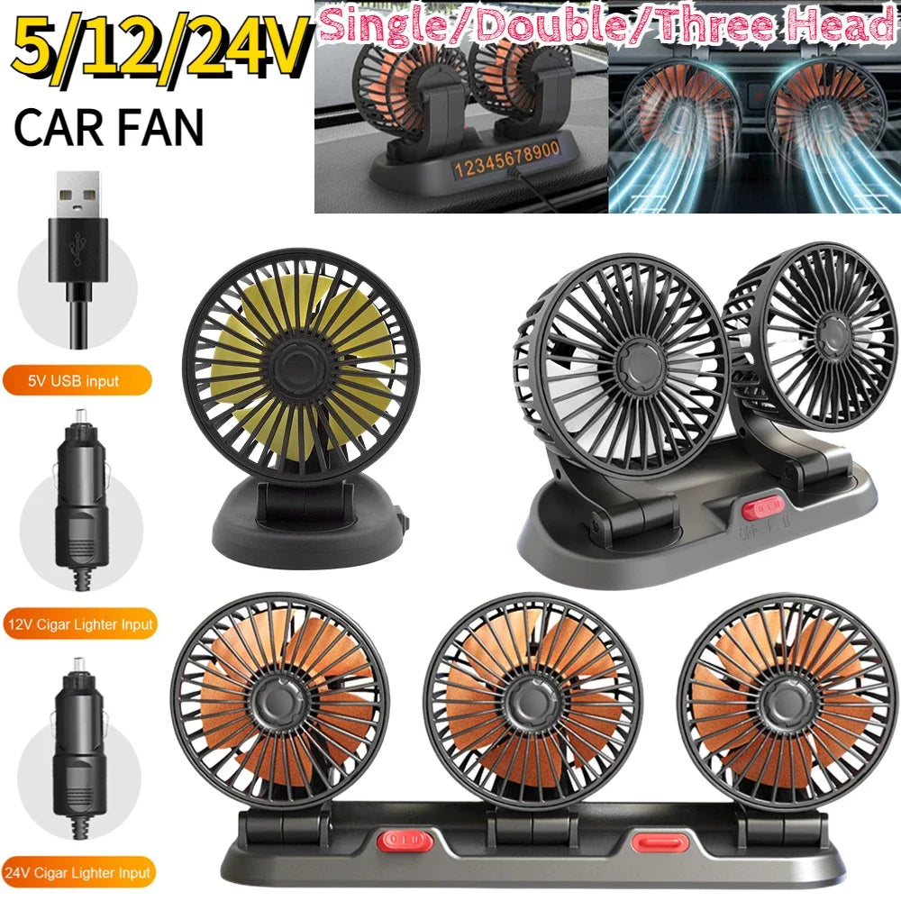 Car Fan 360° Adjustable 1/2/3/4 Head Air Fan Automotive Electric Fan USB/12V/24V Fan 2 Speeds Car Silent Fan for Home Desk Car