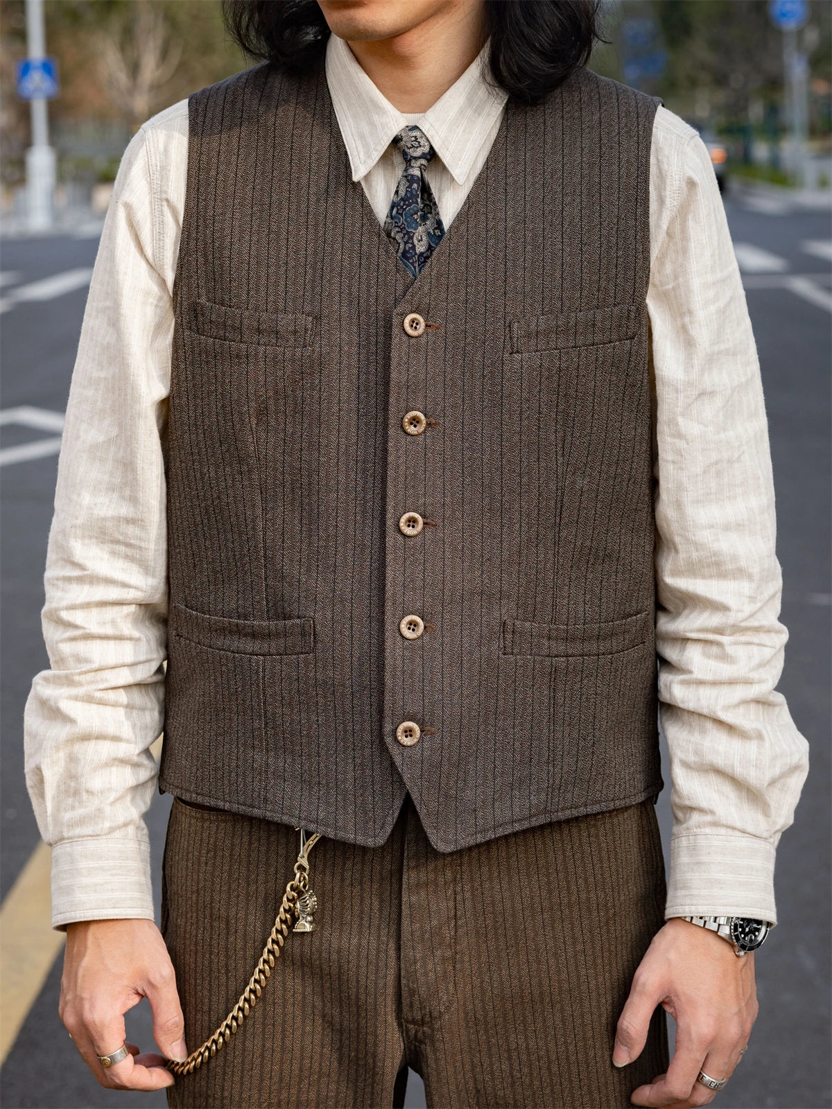 Red Tornado 1920s Salt & Pepper Striped Work Vest Vintage Americana Style Men's Four-Pocket Waistcoat Brown