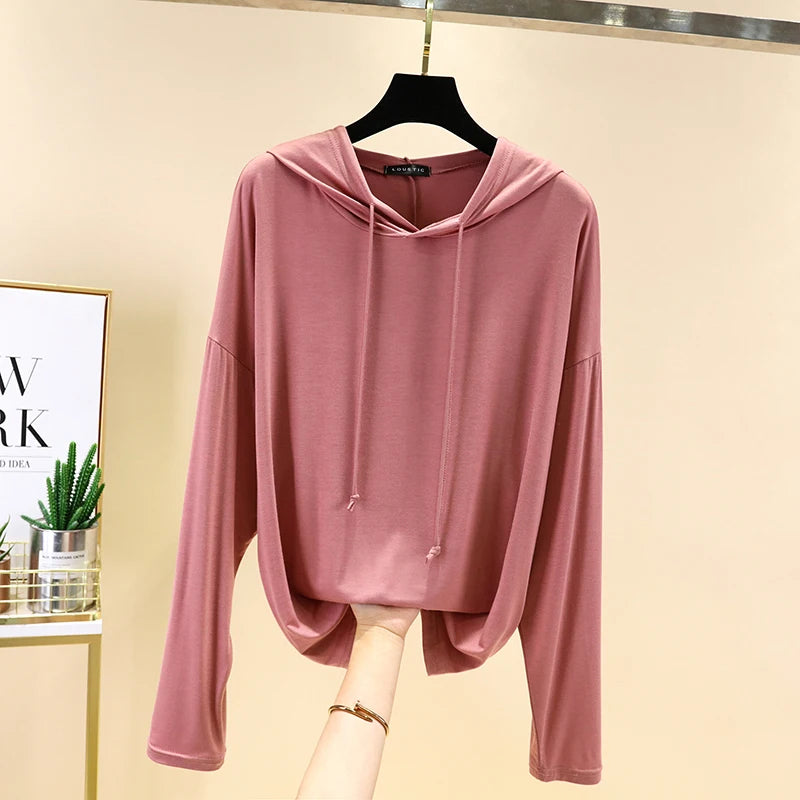 Spring Summer New Modal Long Sleeve Hoodie T-Shirt Women plus Size Loose Base Shirt Slimming Sun Protection Top Korean Style