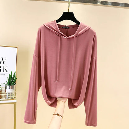 Spring Summer New Modal Long Sleeve Hoodie T-Shirt Women plus Size Loose Base Shirt Slimming Sun Protection Top Korean Style