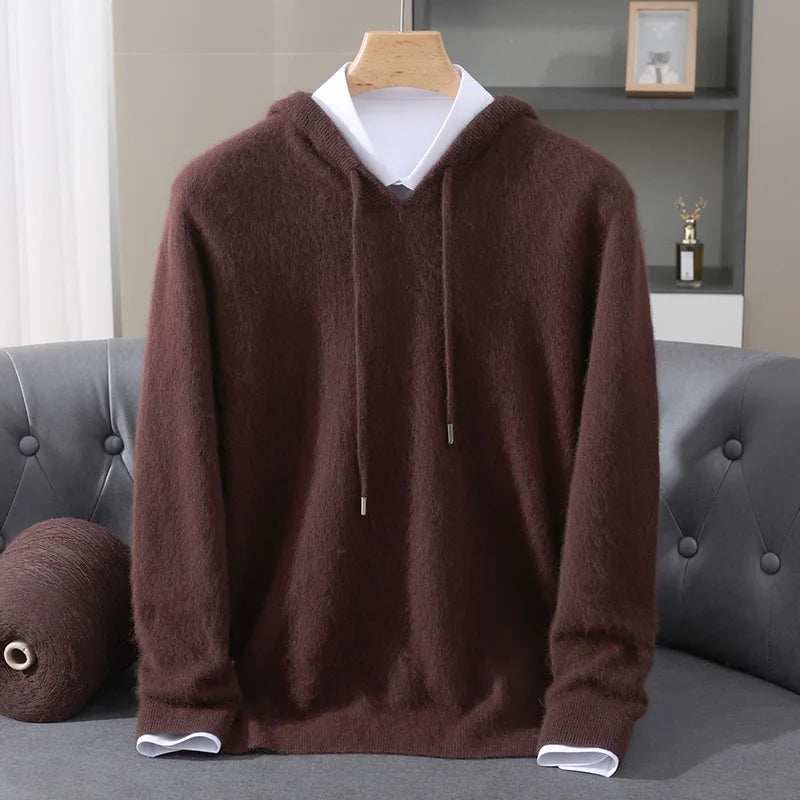 Autumn And Winter New 100% Pure Mink Wool Men Hooded Sweater Solid Color Knitted Sweater Loose Bottoming Leisure