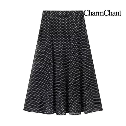 CharmChant Women's Polka Dot Sheer Chiffon Oversized Shirt & Maxi Skirt 2 Piece Set Spring 2026 Retro Elegant Chic Party Outfits