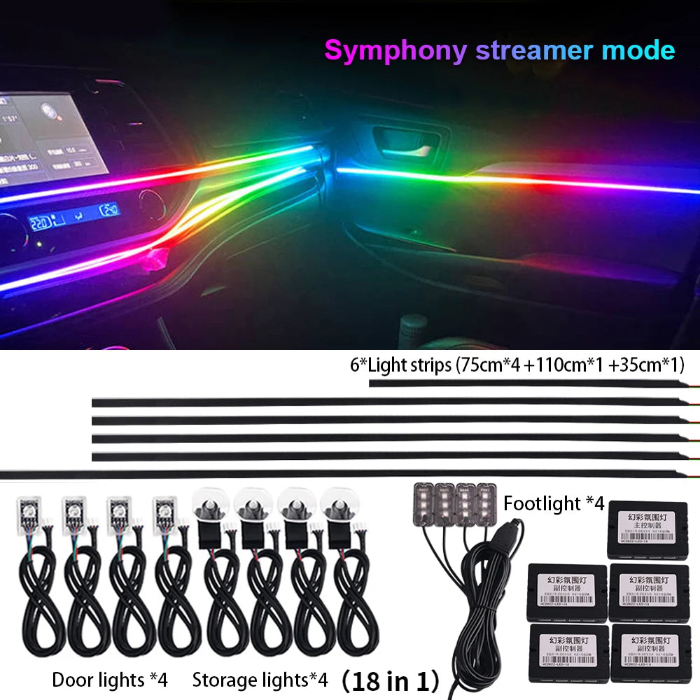 18 in 1 New LED Hidden Car Ambient Light Interior LED Black Hidden Acrylic Atmosphere Strip RGB 64/Full Colors Streamer Symphony