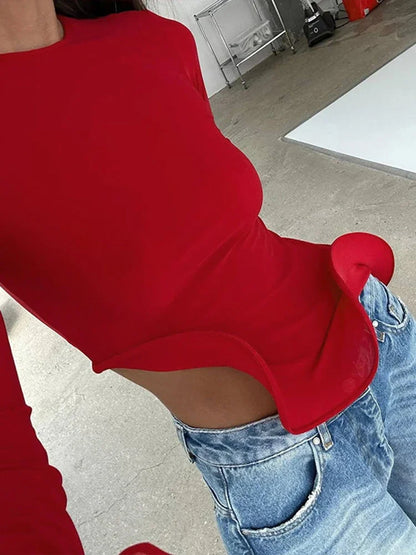 Trendix Slim Long Sleeve Ruffle Tshirts Women Fashion Patchwork Solid Asymmetry T-shirts Ladies 2024 Fashion Y2k Solid Top Femme