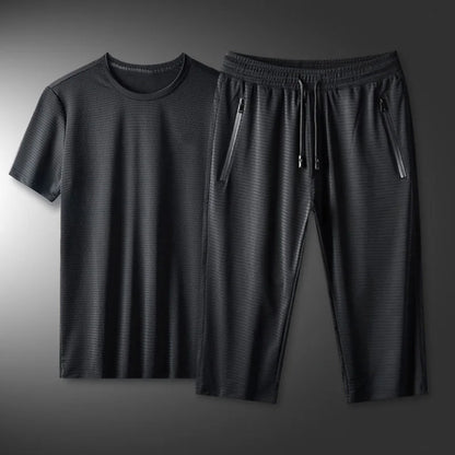 Ice Silk Men's Casual Pants Sports Set Air Conditioning Pants Quick Dry Trendy Large Size Short Sleeve T-Shirt Mesh Summer Wear