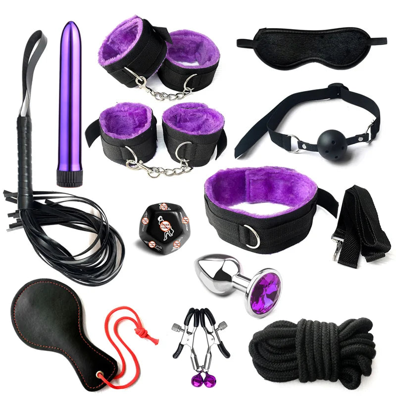 Sex Bondage Set Plush Sex Toy BDSM Kits for Women Couples Adult Games Adjustable Handcuffs Ankle Whip Gag Nipple Clamps Toys