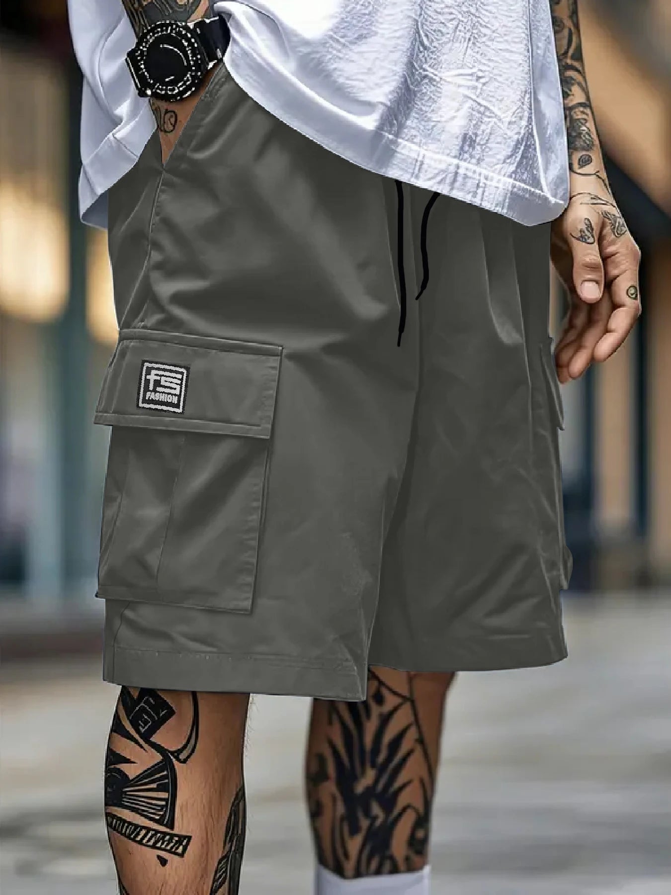 Men's overalls shorts casual outdoor sports woven elastic soft and comfortable fashion simple multi-pocket elastic belt waist dr