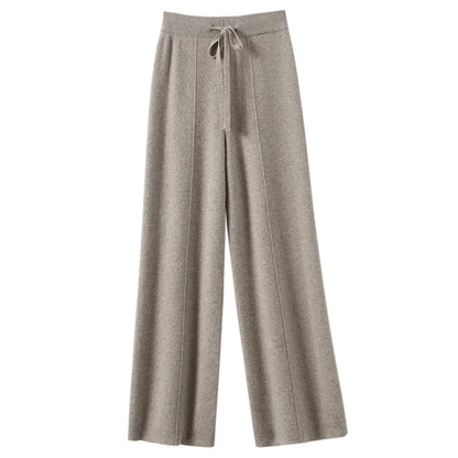 High Waist Knitted Wide Leg Pants Women's Autumn Winter Extended Floor Length Drawstring Straight Casual Loose Slimming