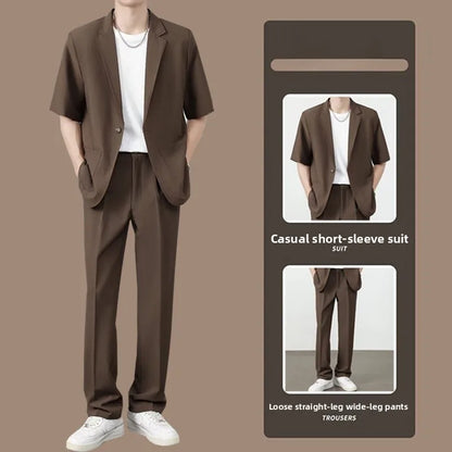 Summer Thin Ice Silk Drapey Suit Set Men's Short Sleeve Jacket Lightweight Casual Single-Breasted Suit Standard Fit Youth Trend