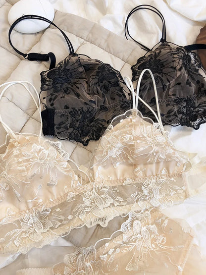 2 Pieces Sexy Lace Flowers Embroidery Underwear Set Women Ultra Thin Bra Set Wireless Comfort Brassiere Japan Intimate Lingerie