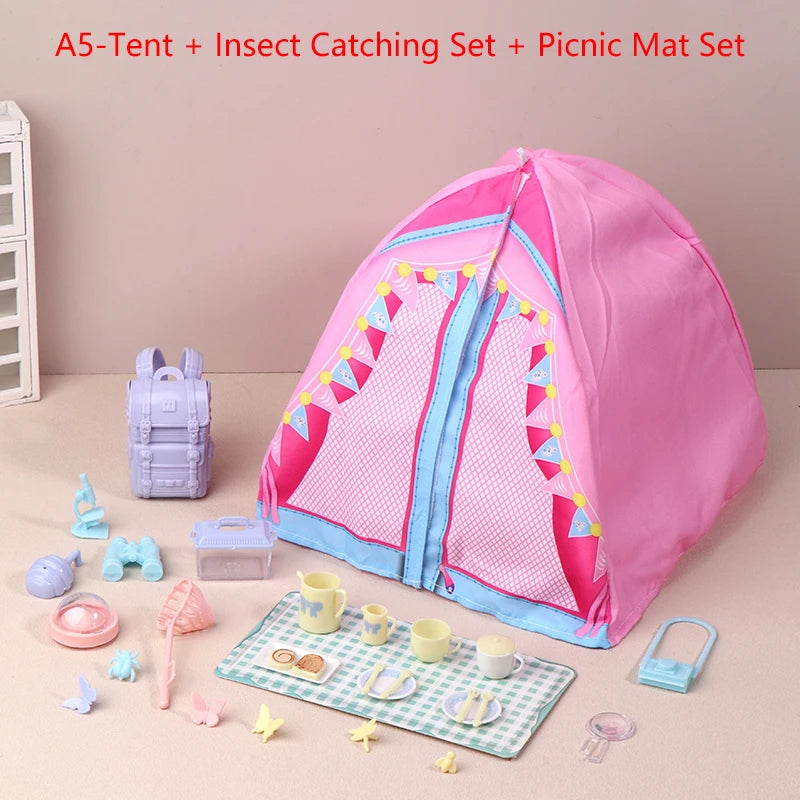 Hot-1/12 Dollhouse Simulated Tent Camping Kit Dollhouse Outdoor Picnic Camping Decor Micro Scene Photo Props Pretend Play Toys