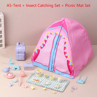 Hot-1/12 Dollhouse Simulated Tent Camping Kit Dollhouse Outdoor Picnic Camping Decor Micro Scene Photo Props Pretend Play Toys