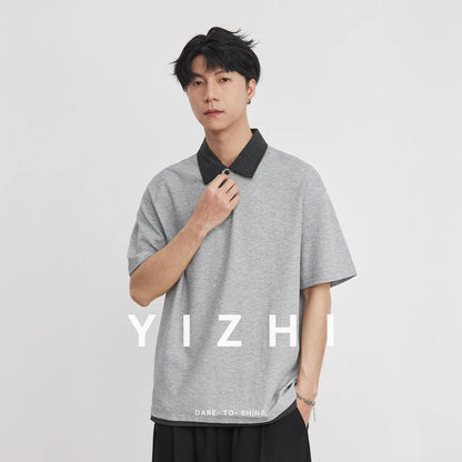 Heavy 230g American Retro Plaid Lapel Polo Shirt Men's 2026 Spring Fake Two-piece High-end T-shirt Short Sleeves