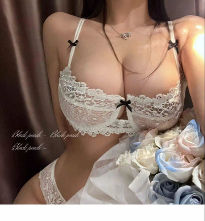 Women New Fashion Sweet Spicy Lace Lingerie Set Ultra Thin Half Cup Push Up Bra Soft Underwire Comfortable Top