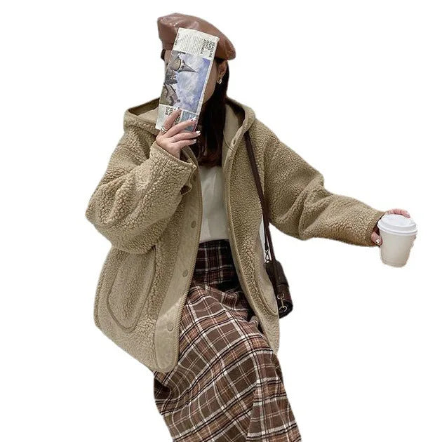 Women's Loose Fit Button up Lamb Fur Hooded Jacket Autumn Winter Fashion Slimming Versatile Top Small Size Korean Style