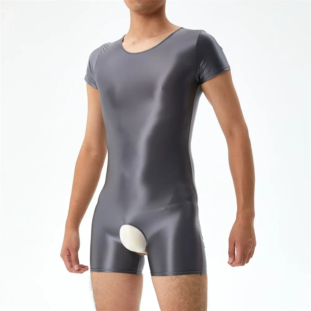 Sexy Men's Open Crotch Bodysuit Short Sleeve Oil Shiny Glossy Tights High Elastic Man Clothing Shapers Exotic Leotard