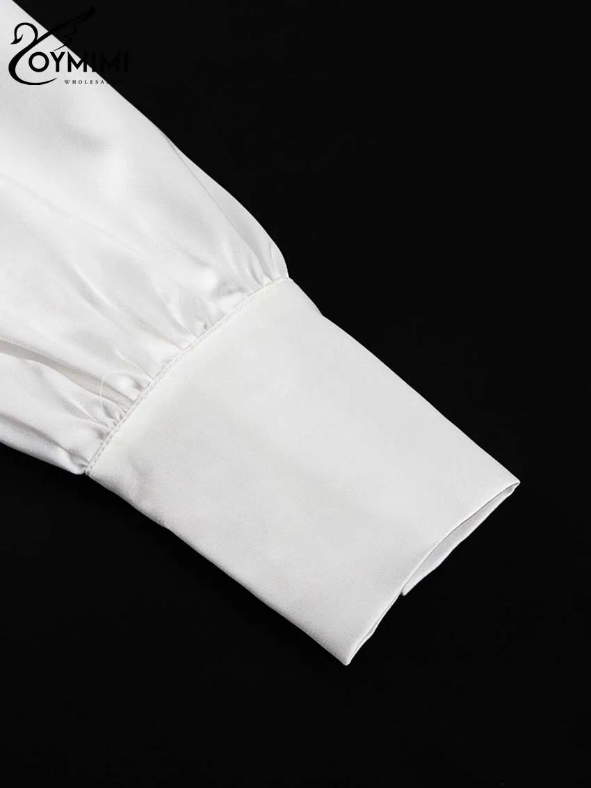 Oymimi Elegant White Patchwork Women's Shirt Fashion Lapel Long Sleeve Shirts Casual Necktie Off The Shoulder Button Blouses