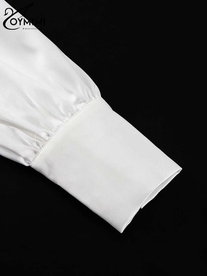 Oymimi Elegant White Patchwork Women's Shirt Fashion Lapel Long Sleeve Shirts Casual Necktie Off The Shoulder Button Blouses