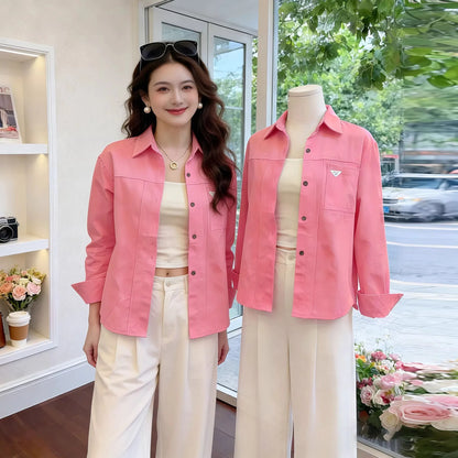 Loose Fit Pure Cotton Long Sleeve  Neck Shirt Women's Casual Style Spring 2026 New Arrival Anti-Wrinkle Age-Defying Top