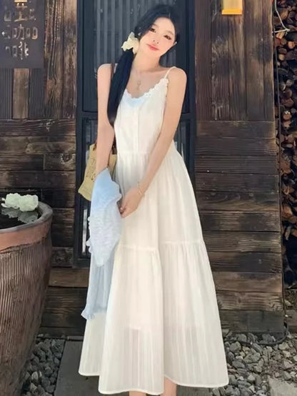 Slimming White Strapless Long Dress Simple French Style A-Line Midi Dress Women's Summer Fashion Sensation Waist-Cinching Dress