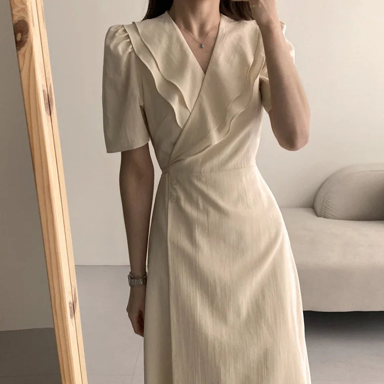 Retro Double Layered Collar Bubble Sleeve  Dress Elegant Short Sleeve V Neck Summer Casual Women's Dress