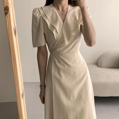 Retro Double Layered Collar Bubble Sleeve  Dress Elegant Short Sleeve V Neck Summer Casual Women's Dress