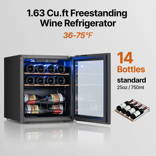 14 Bottle Mini Wine Fridge Cooler Refrigerator Freestanding for Red 37-65℉ for Home Bar Kitchen