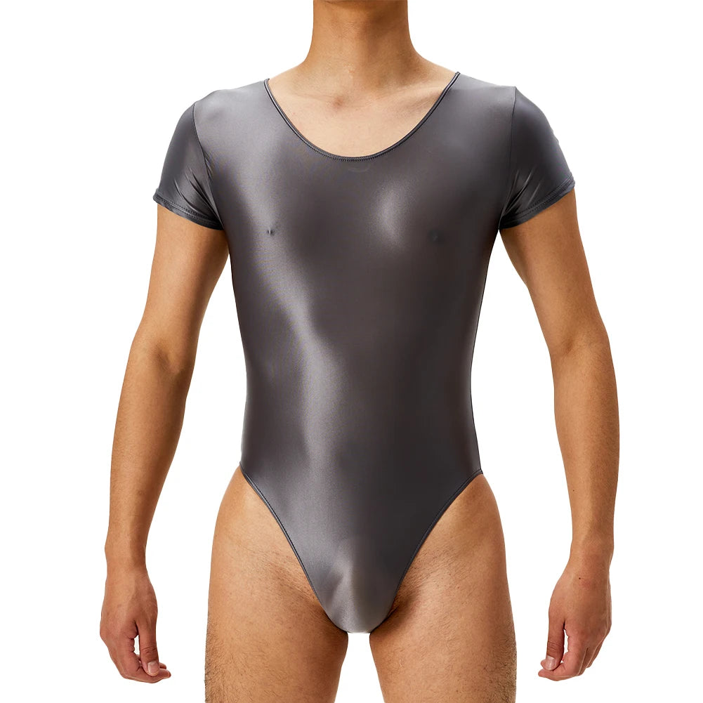 Men's Bodysuit Short Sleeve Oil Shiny High Cut Shapers Leotard Elastic Man Women Sexy Lingerie Jumpsuit Underwear