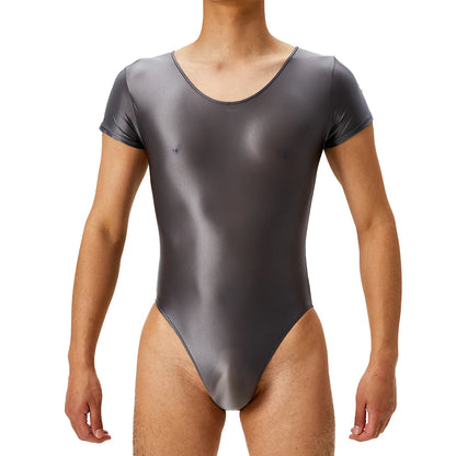 Men's Bodysuit Short Sleeve Oil Shiny High Cut Shapers Leotard Elastic Man Women Sexy Lingerie Jumpsuit Underwear