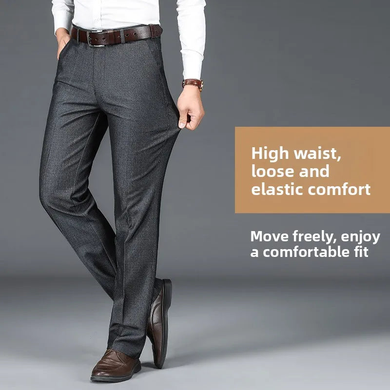 Men's Business Casual Trousers Drapey Elastic Straight Leg Spring Summer Fashionable Polyester Fiber Anti-Wrinkle Dad Pants