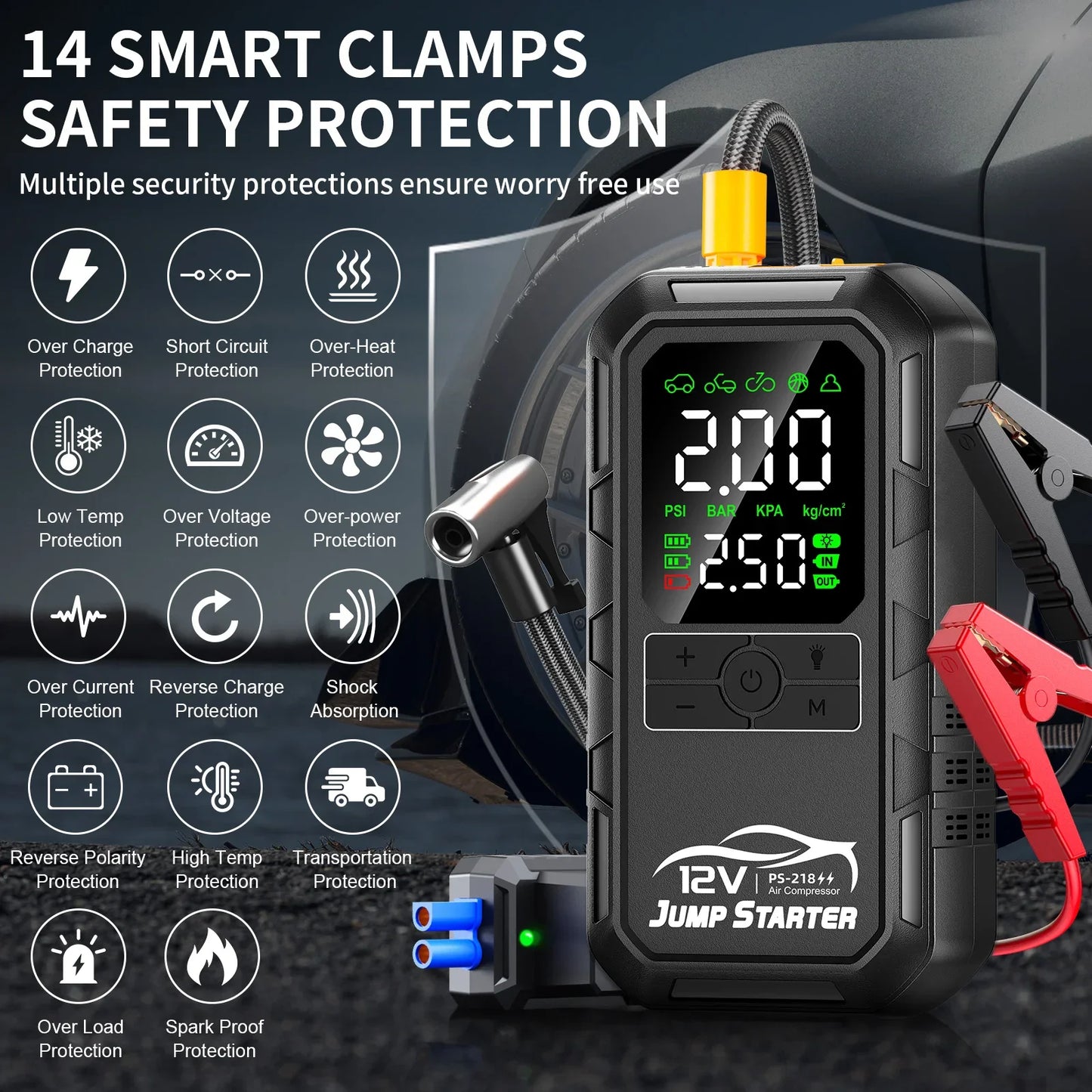 10000a 8000a Amp 7000a 6000a 180psi Smart Car 12v Battery Booster Auto Tire Super Compressor Air Pump Power Bank Jump Starter