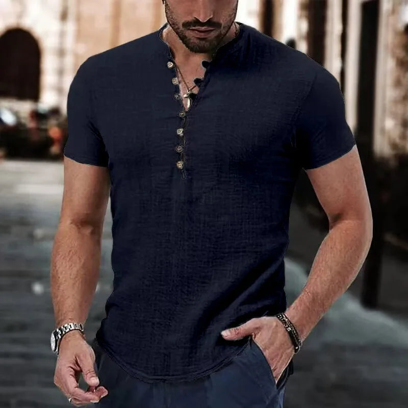 Men's Short Sleeve Linen Shirt Summer Lightweight Casual V-Neck T-Shirt Men Basic Solid Color Loose Fit Top