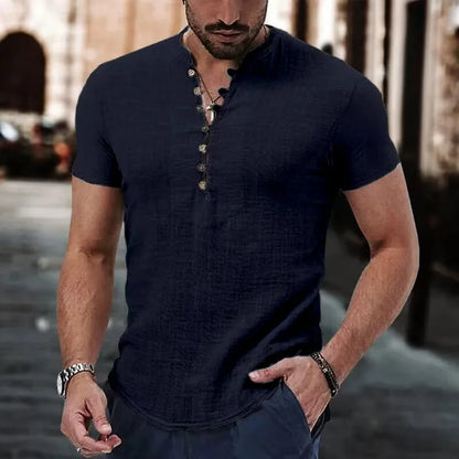 Men's Short Sleeve Linen Shirt Summer Lightweight Casual V-Neck T-Shirt Men Basic Solid Color Loose Fit Top