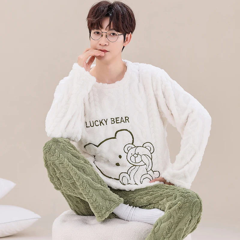 Pajama Set Men O-neck Long Sleeve Striped Comfortable Warm Flannel Mens Pajamas Big Yards XXXL Korean Style Home Clothing Casual