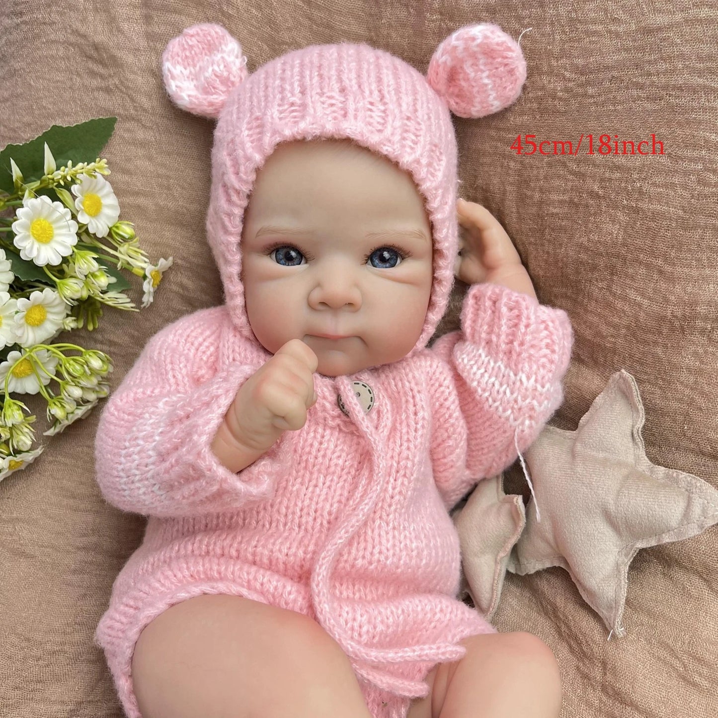 BZDOLL 18 Inch 45CM Reborn Baby Doll, Soft Cloth Body, Handmade Lovely Doll, Dress Up & Play House Toy, Birthday Gift for Girls
