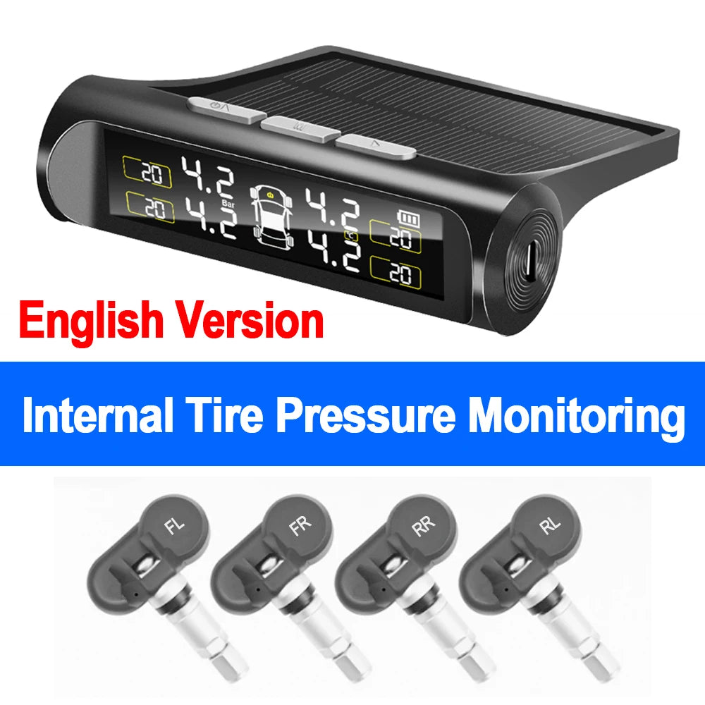Car TPMS Digital LCD Display Smart Tyre Pressure Monitoring System 4 Sensors Auto Security Alarm Solar Charging Car Accessories