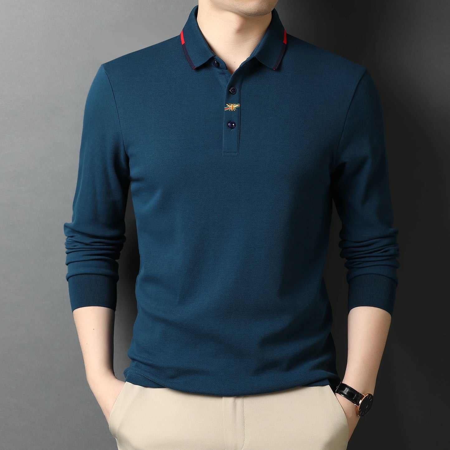 High End Brand Men's Embroidered Long Sleeve 100% Cotton Polo Shirt Business Casual Lapel Fashion Solid Color T-shirt Men's Wear