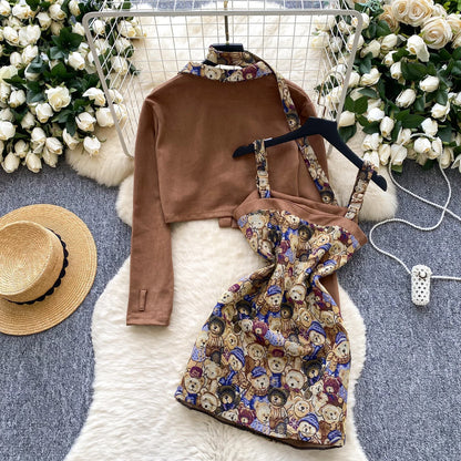 Ele Bear Embroidery Blouse And Skirt Set Women's Faionable ort Svel Suit Jaet High Waist Casual Workwear