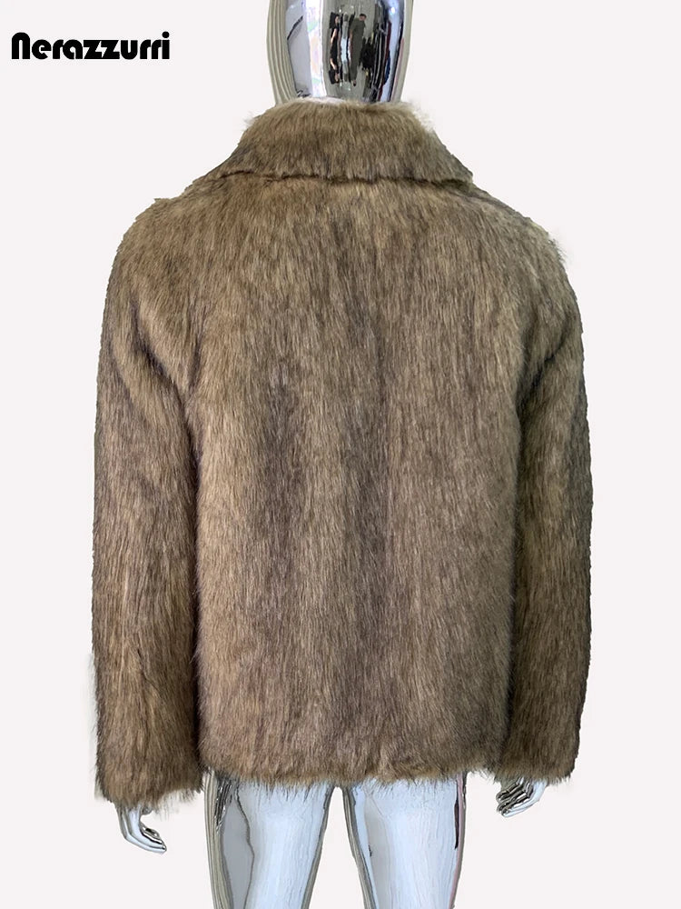 Nerazzurri Winter Short Thickened Warm Soft Hairy Shaggy Fluffy Faux Fox Fur Coat Men Long Sleeve Turn-down Collar Fluffy Jacket