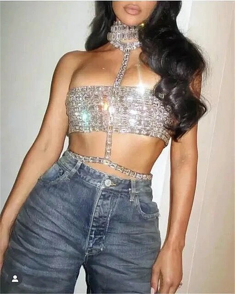 High Quality Stylish Item Super Shining Diamonds Fashionable Neck Chain Short Strapless Top Hot Sexy Woman Fashion Party Outfit