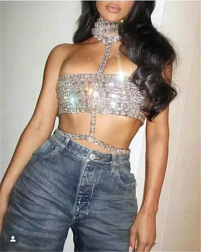 High Quality Stylish Item Super Shining Diamonds Fashionable Neck Chain Short Strapless Top Hot Sexy Woman Fashion Party Outfit