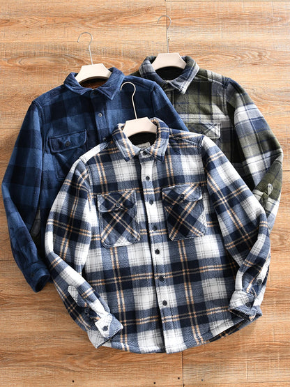 Double-Sided Fleece Plaid Shirt Jacket Thickened Casual Men's Winter Outerwear American Style Standard Fit Long Sleeve Button...