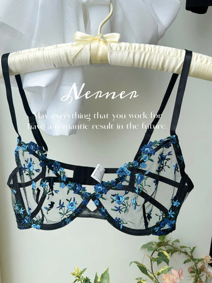Sexy Floral Embroidery Mesh Bra Set Sweet Sheer Lace Lingerie Soft Comfort Breathable Underwear Suit Party Dating Daily Wear Bra