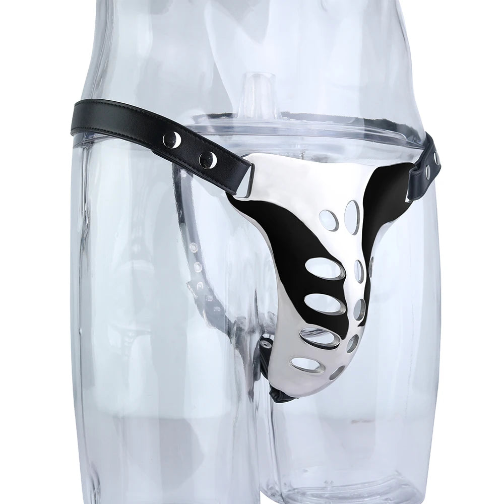 LEZEE Heavy Metal Underwear Sissy Pants Male Chastity Cage Dick Pocket With PU Chastity Belt Penis Bondage Sex Toys For Men