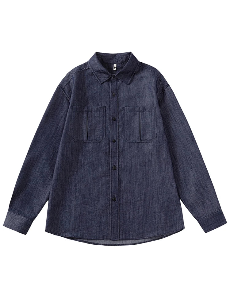 Men's Denim Shirts with 2 Chest Pockets Korean Fashion Long Sleeve Casual Shirt Workwear Retro Tops